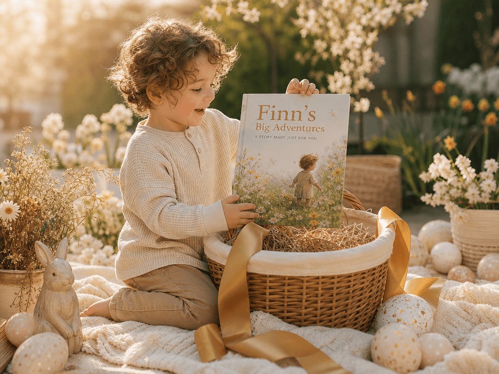 Kind entdeckt ein personalisiertes Kinderbuch im Osternest auf einer Frühlingswiese